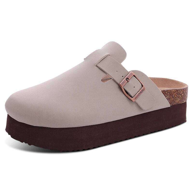 Kidmi Fashion Suede Mules Cork Platform Men's Clogs Slippers Outdoor Soft Heeled Sandals With Arch Support