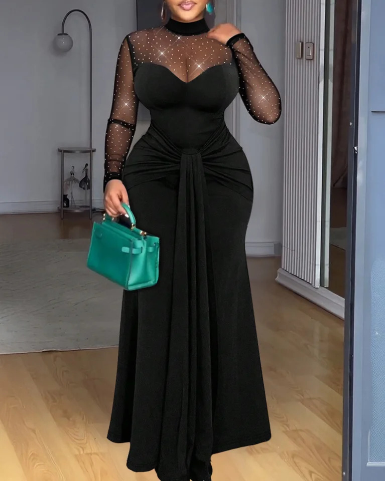 Women Mesh Patchwork Rhinestone Ruched Mermaid Maxi Dress Elegant Spring Summer Chic Cocktail Evening Figureflattering Gown 260302