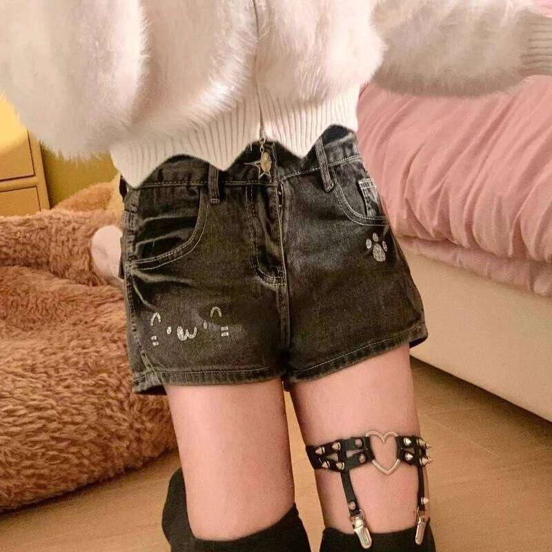 Japanese Kawaii Lolita Women Y2k Sweet Cartoon High Waist Short Pants Cute Girls Harajuku Casual Black Gray Denim Shorts XJ260305