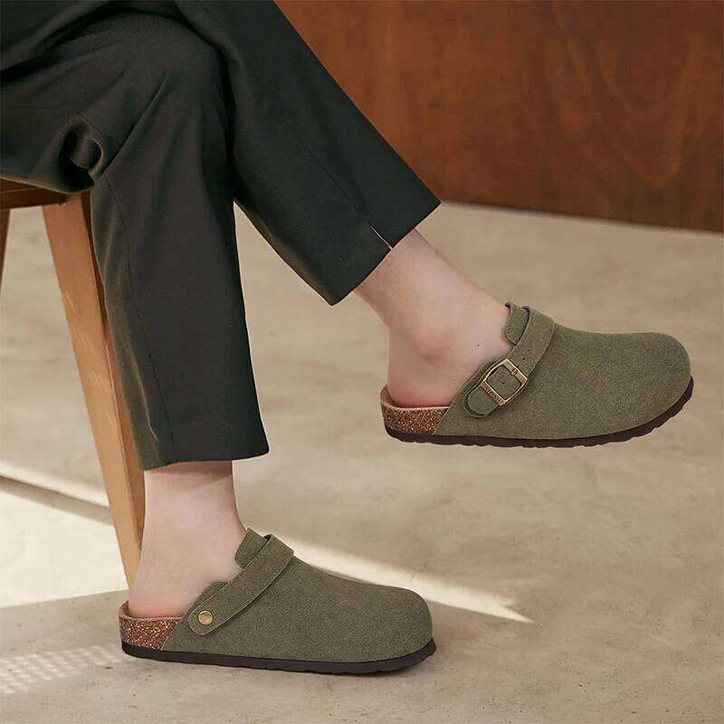 Kidmi Genuine Leather Clogs Cork Footbed Indoor and Outdoor Slippers Cow Suede Mules With Adjustable Strap
