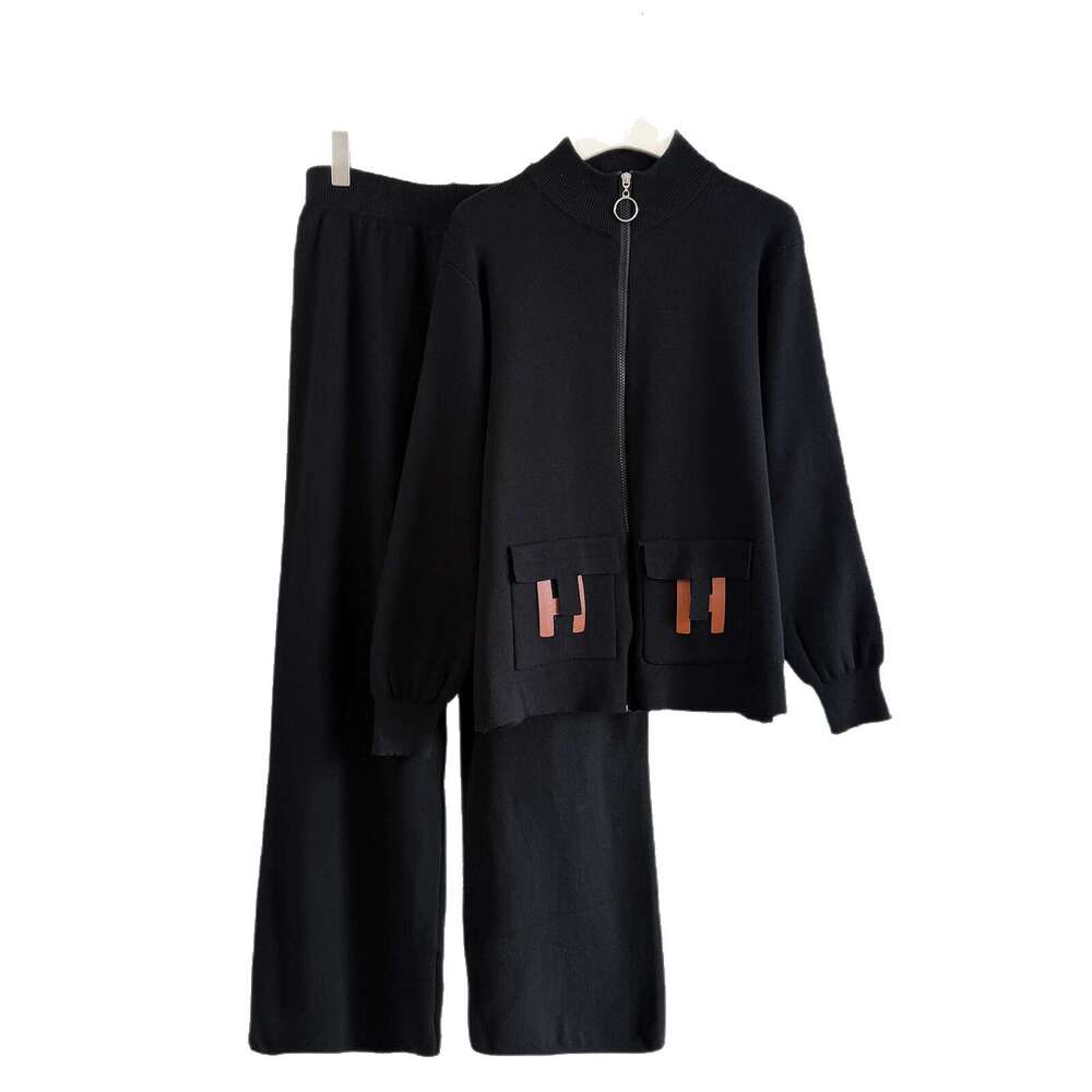 Women's Fashionable Knitted Zipper Cardigan Wide Leg Pants Pocket Two Piece Set Cross-Border New Style Versatile Ensemble Asia Size