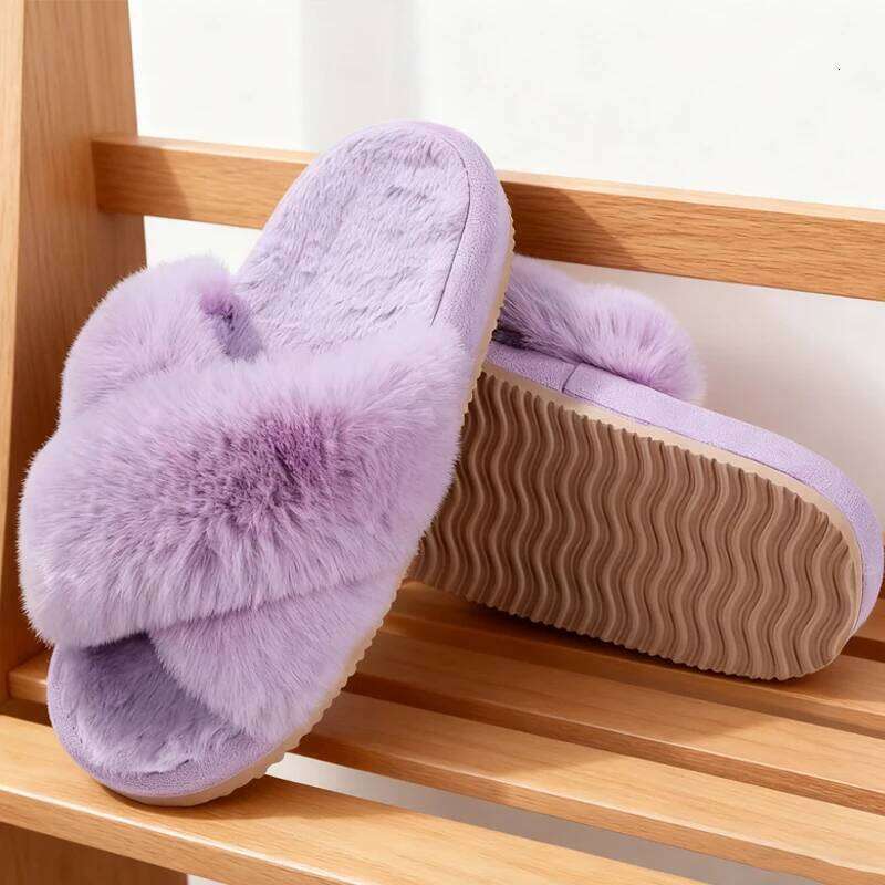 Kidmi New Fashion Fuzzy House for Women Fluffy Bedroom Warm Fur Slippers Thick Sole Cross Band Plush Shoes