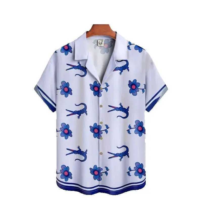 Summer Men Shirt Street Fashion Daily HAWaiian Shirts Cartoon Print Casual Loose Short Clothes SLeeve Beach Loose Tops M260305