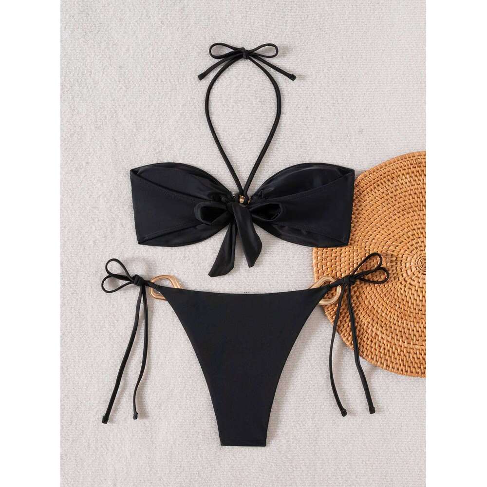 Sexy Bandeau Bikini 2025 Women Black Metal Buckle Push Up Bandage Thong Swimsuit Summer Bathing Suit Holiday Pool Swimwear Y260303