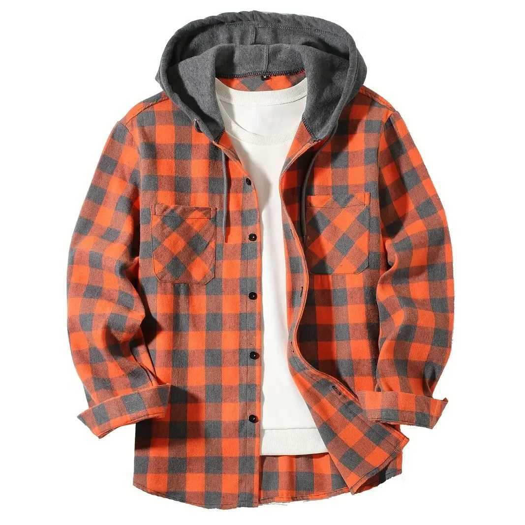 Mens Shirts Classic Plaid Casual Button Down Hooded Long Sleeved Double Pockets Shirt Hoodie Flannel Jacket Spring Autumn Tops M260305