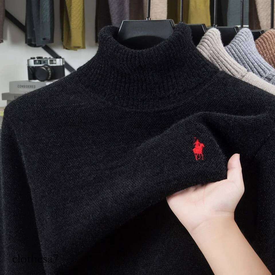 High end brand velvet sweater men's new fashion designer exquisite pony embroidery winter thick warm high neck knitted pullover - view 6