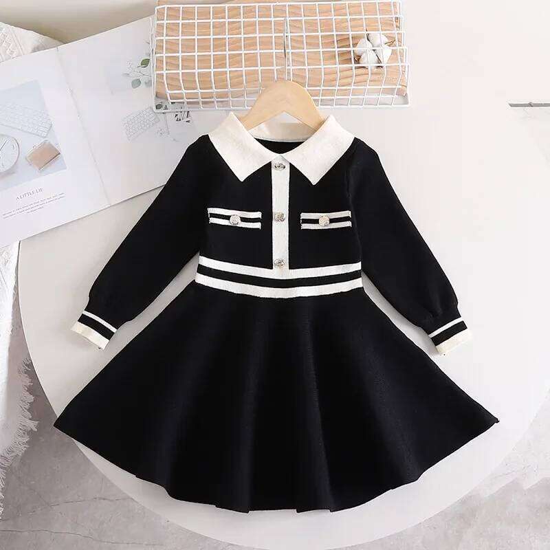 Children's Dresses Lapel Stylish Slim-fit Dress Knitted Sweater Toddler Girl Winter Clothes Kids Knitwear Z260304