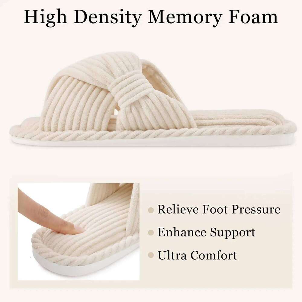 Kidmi Corduroy Women Indoor Open Toe House Shoes Memory Foam Slides With Adjustable Bow Strap Spring New Lady Slippers