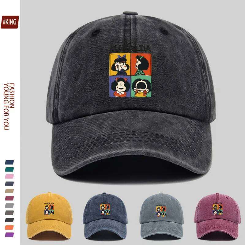 Simple Cartoon Four-Grid Printed Washed Vintage Soft Top Sunshade Unisex Versatile Baseball Cap Y260304