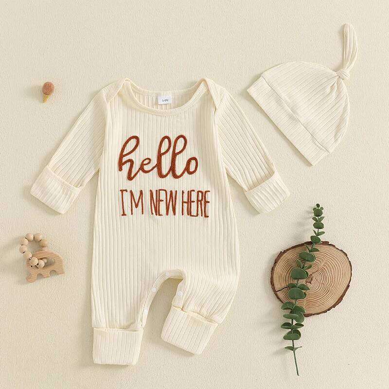 Newborn Baby Boy Fall Clothes Casual Letter Embroidery Long Sleeve Ribbed Romper Jumpsuit and Hat 2Pieces Set for Infants Z260304