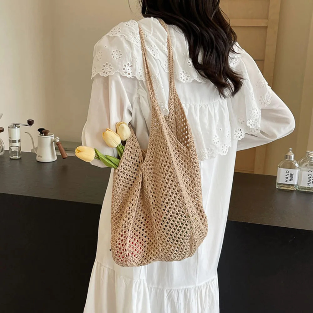 Women Knitting Shoulder Bag Large Capacity Knitting Underarm Bag Solid Crochet Tote Handbag Summer Mesh Beach Bag Hobo Bag 260303