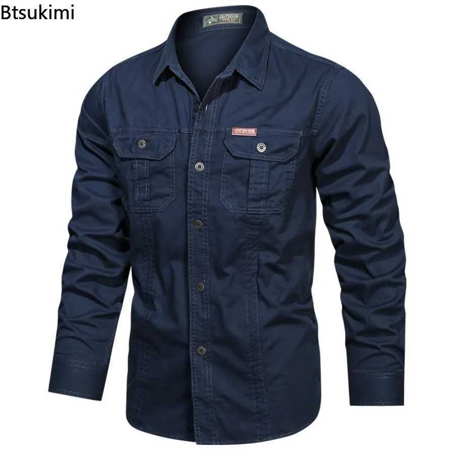 Cotton Cargo Shirts Mens Spring Autumn Long Sleeve 2-pocket Work Shirts Outdoor Casual Men Clothing Oversized 6XL M260305