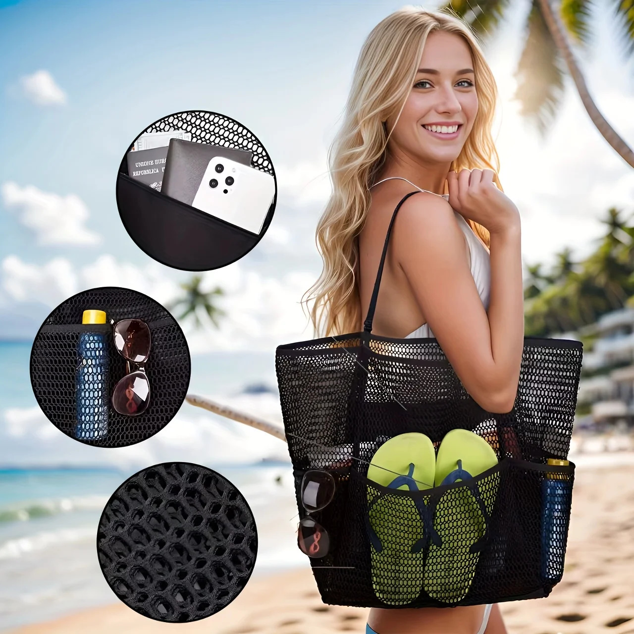 Womens Large Capacity Beach Tote Bag - Durable Polyester Woven Shoulder Bag with Open Top for Travel Shopping 260303