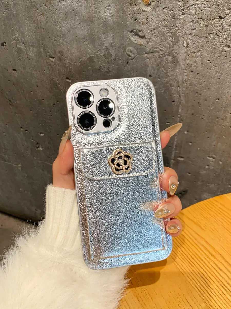 Luxury Metallic Silver Leather Card Holder Case with 3D Camellia For iPhone 16 15 14 13 12 11 Pro Max Plus | Premium Protective CoverT260305