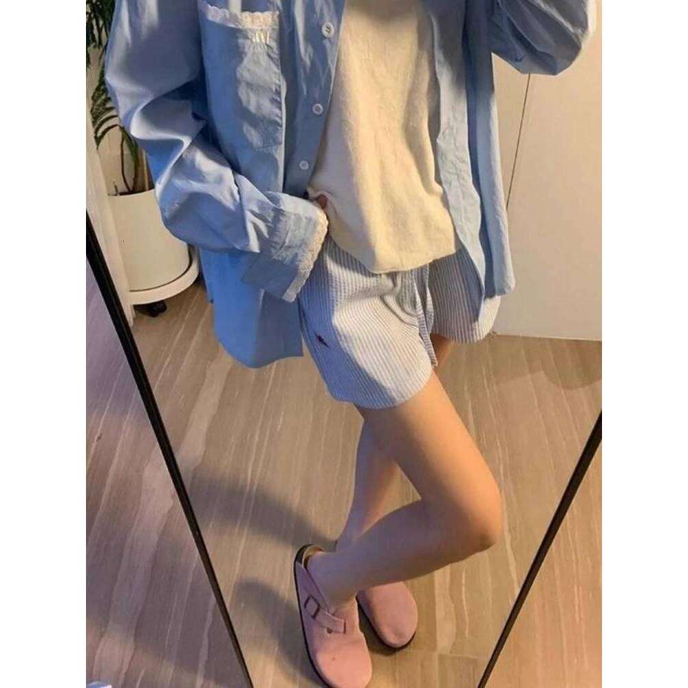 HOUZHOU Blue Striped Letter Embroidery Shorts Women Wide Leg Korean Fashion Short Pants Drawstring Baggy Casual Jorts Summer XJ260305