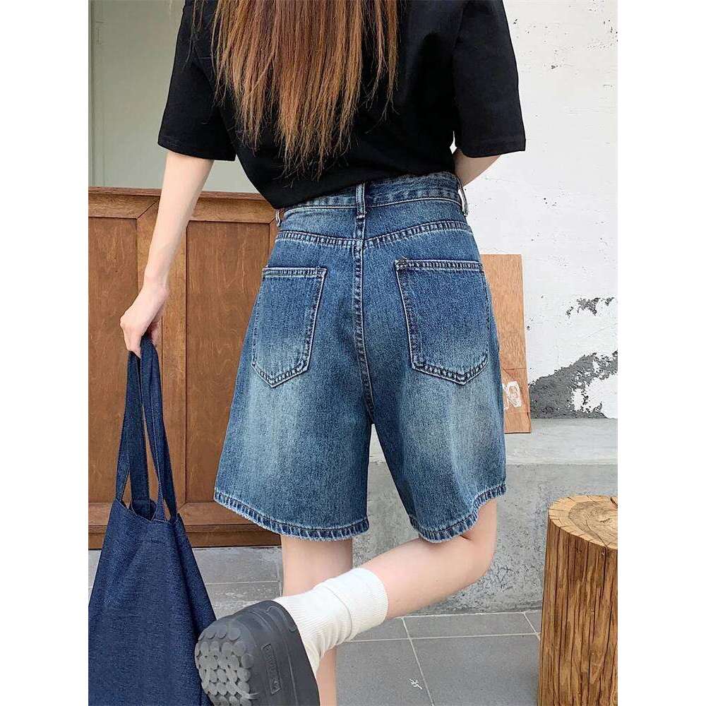 2025 Summer American Vintage Distressed Knee Length Denim Women's New Chic High-waist Loose Slimming Straight-leg Shorts XJ260305