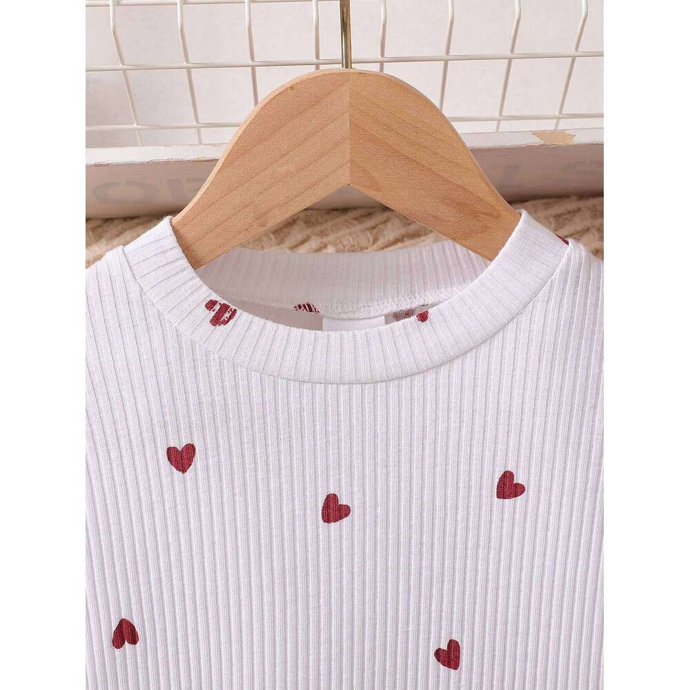 Kids 2PCS Spring New Style For Girls 1-6 Years Old Sweet And Lovely Love Pattern Top + Red Pleated Short Skirt With Bow Set Z260304