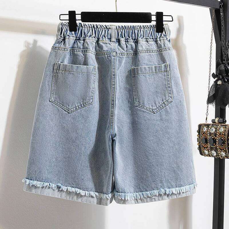 Bermuda Denim For Women 2024 Summer New Arrivals High Waisted Big Stretch Burrs Blue Color Loose Jeans Shorts Hot Sale XJ260305