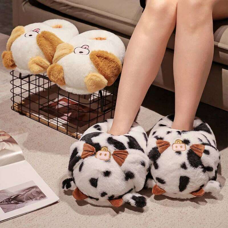 Women Home Floor Fluffy Slippers Winter Warm Cute Cartoon Animals Soft Faux Fur Couples Indoor House Bedroom Cotton Shoes