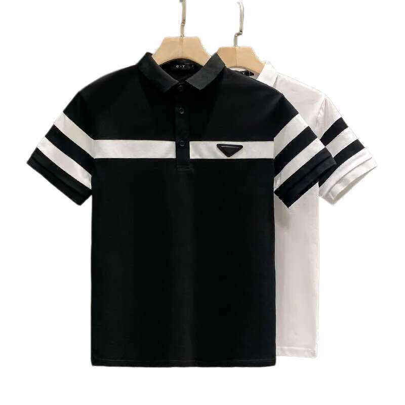 Tees Polos European Style Black and White Striped Turn-down Collar Short Luxury Sleeve Polo Shirt Trendy Cool Versatile Clothing