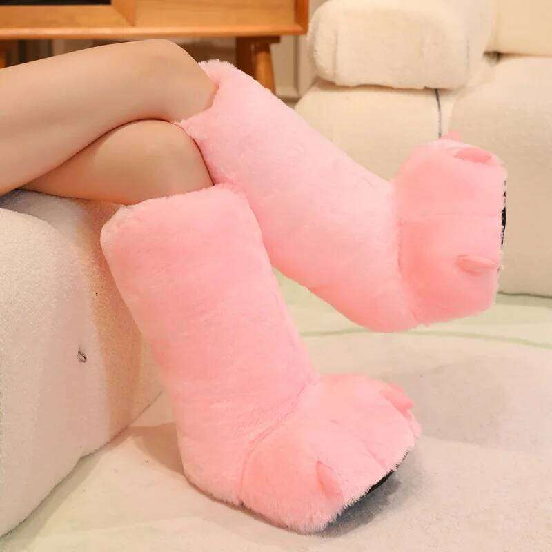 Cute Cartoon Paw Faux Fur Woman Winter Home Floor Fluffy Slippers Soft Plush Girls Indoor Snow Boots Funny Party Shoes