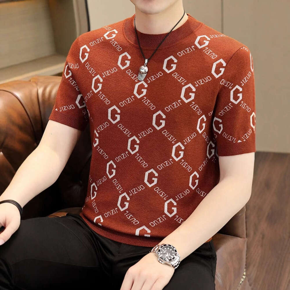 Men's short-sleeved knit sweater, spring and autumn trendy slim-fit round-neck half-sleeve base shirt, casual versatile warm sweater