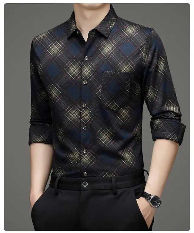 Mens Long-sLeeved Shirt Middle-aged Large-size Square Collar Plaid Pocket Fashionable Casual and Free Ironing M260305
