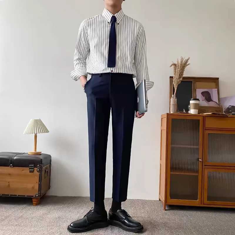 Retro Shirt Striped Slim Fit Mens Business Casual Korean Long-sleeved Shirt Top M260305