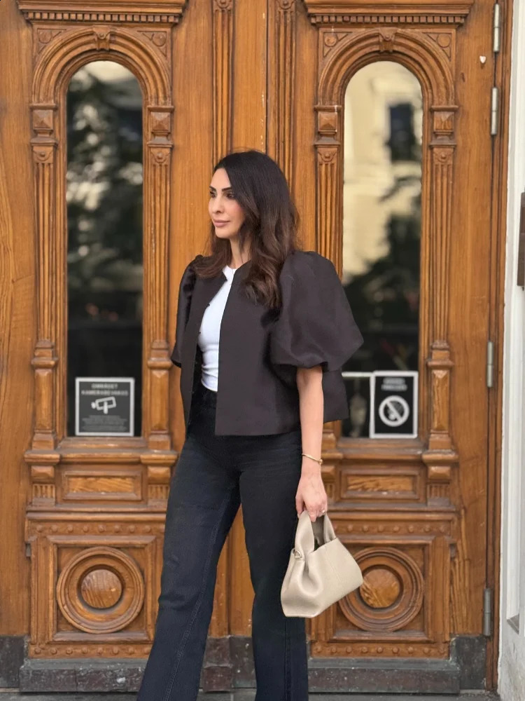 Fashion Solid Short Puff Sleeve Cropped Top Women Elegant Glossy Satin Round Neck Loose Shirt 2026 Street Blouses 260228