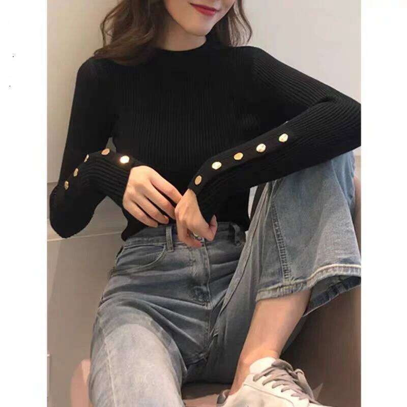 Ribbed Knit Gold Button Top for Women Long Sleeve Mock Neck Sweater Pullover Plain Jumper Fall Winter Basic Knitwear Outfit XJ260305
