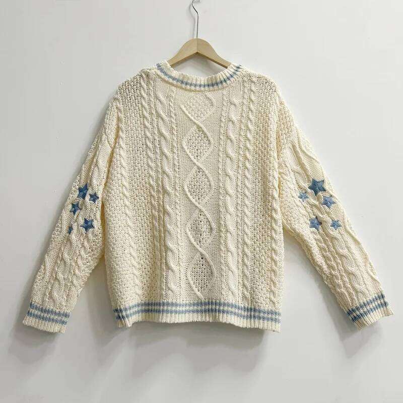Beige 1989 Cardigans with Blue Star Women Autumn Warm V-neck Knitted Sweaters Winter Female Vintage Casual Loose Tops XJ260305
