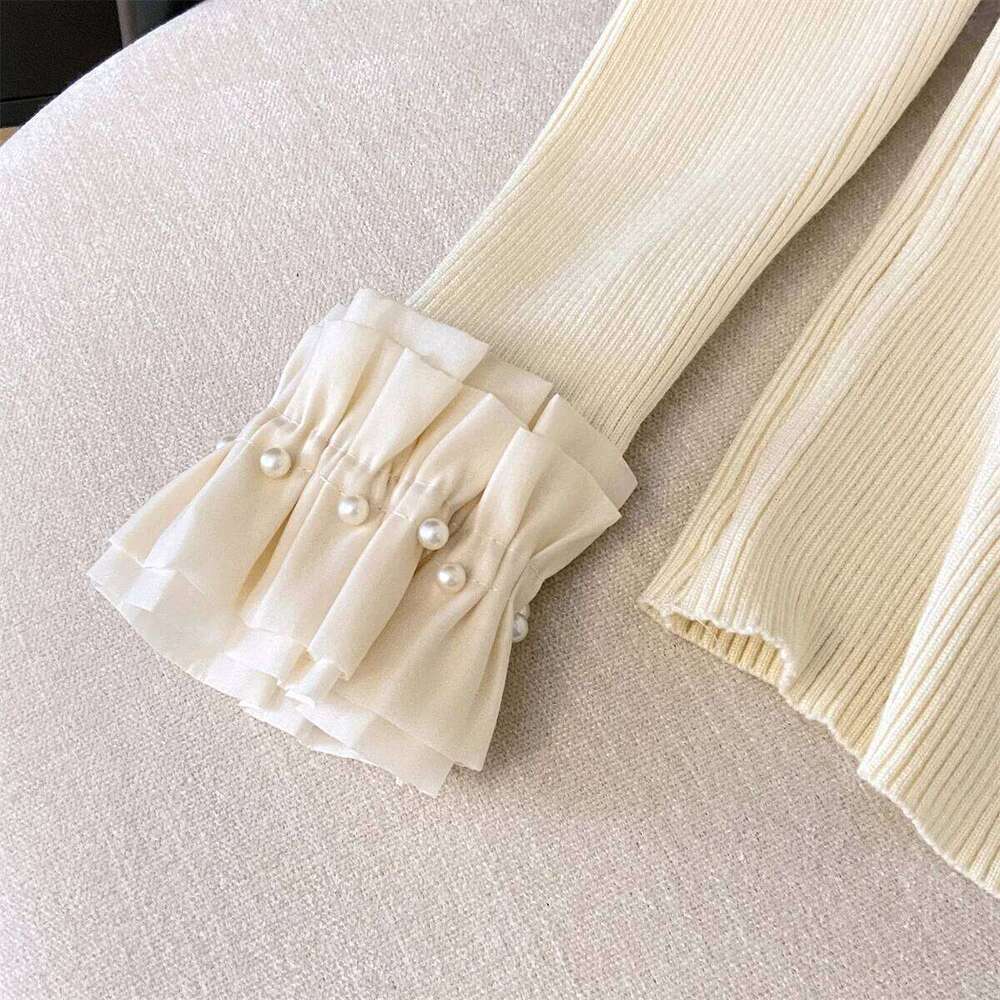 French Style Vintage Women Elasitc Stand-up Collar Long Sleeve Knitted Pullover Beading Ruffles Patchwork Sweaters Tops 2026 XJ260305