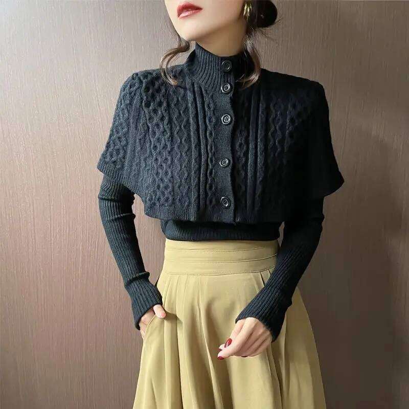 Women Autumn Vintage Sweater Knitted Slim Turtleneck Solid Korean Single Breasted Cardigan Cloak Sweaters XJ260305