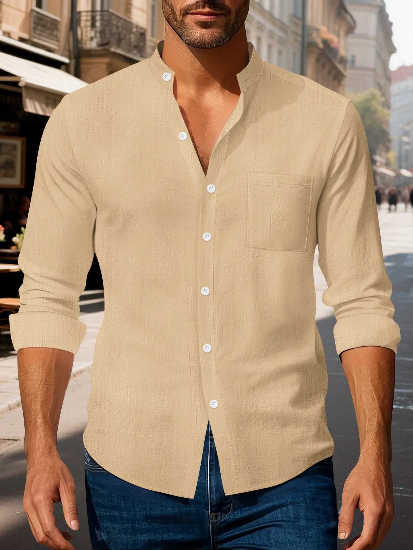 Autumn mens clothing 2025 new item mens solid color cotton and linen shirt stand up collar cardigan long sleeved casual busine M260305