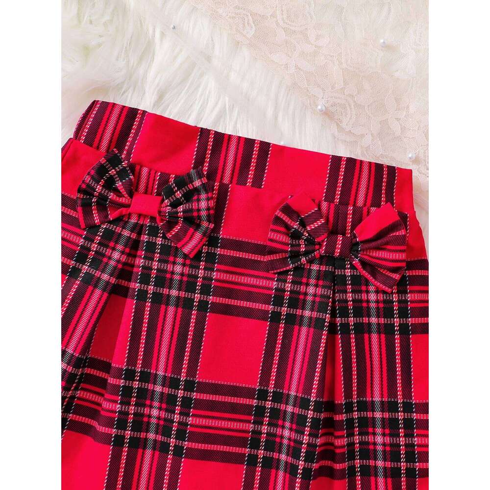 Children's Spring and Autumn New Girl Fashion Cute Three Piece Set Knitted Red Tank Top+Lace Collar Lining+Checkered Half Skirt Z260304