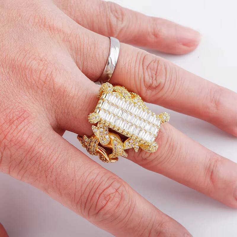 European American New Rectangular Zircon Cuban Ring Mens Trendy Jewelry Ring Full Zircon Hip Hop From Golden Australia Jewelry