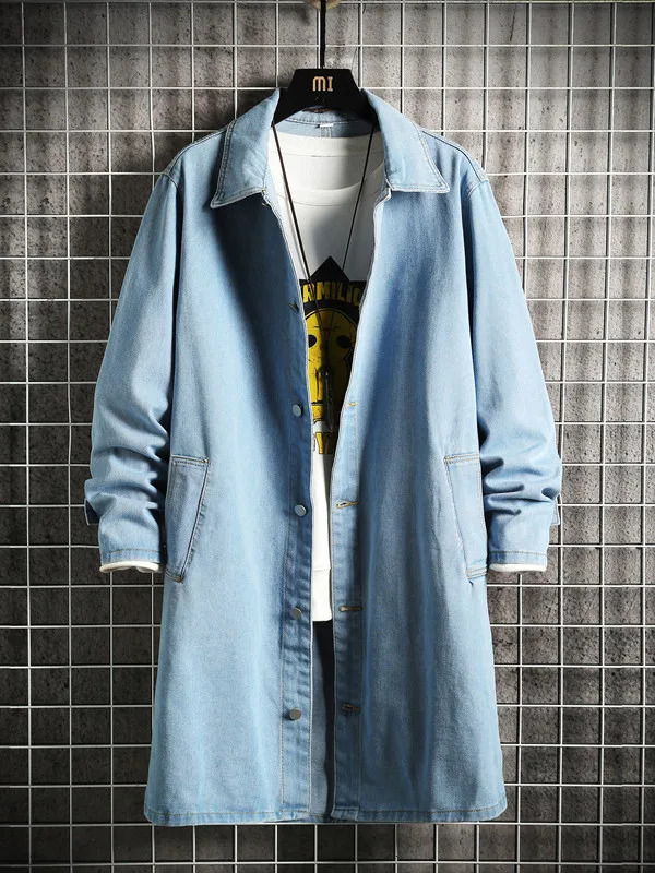 Spring Men Denim Jacket Loose MidLength Casual Coat Male TurnDown Collar Trenchcoat Korean Fashion Outerwear 260302