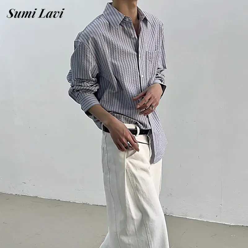 Streetwear Vintage Mens Striped Print Shirt 2026 Spring Autumn Trendy Long Sleeve Textured Shirts Men Casual Button Lapel Shirts M260305