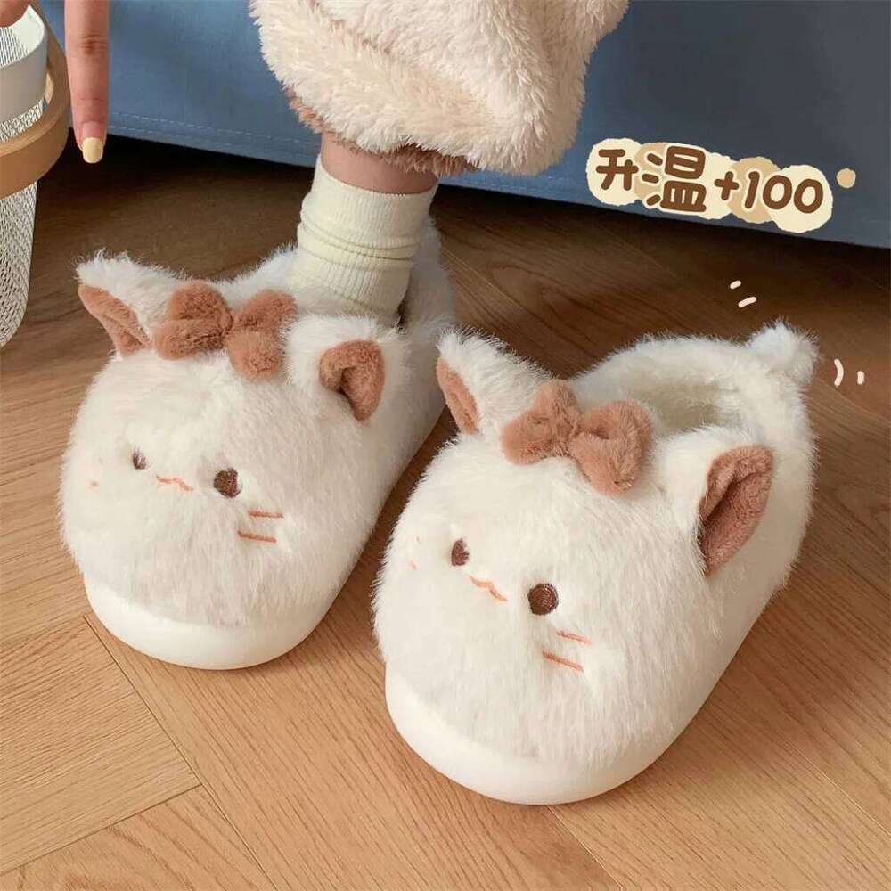 Cute Cartoon Cat Fluffy Slippers For Women Winter House Warm Faux Fur Thick Sole Anti-slip Girls Indoor Cotton Shoes