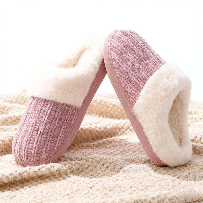 Kidmi Women Fleece Lined Warm House Cotton Slippers Non-slip Cozy Fluffy Plush Knit Slides Casual Memory Foam Bedroom Flat Shoes