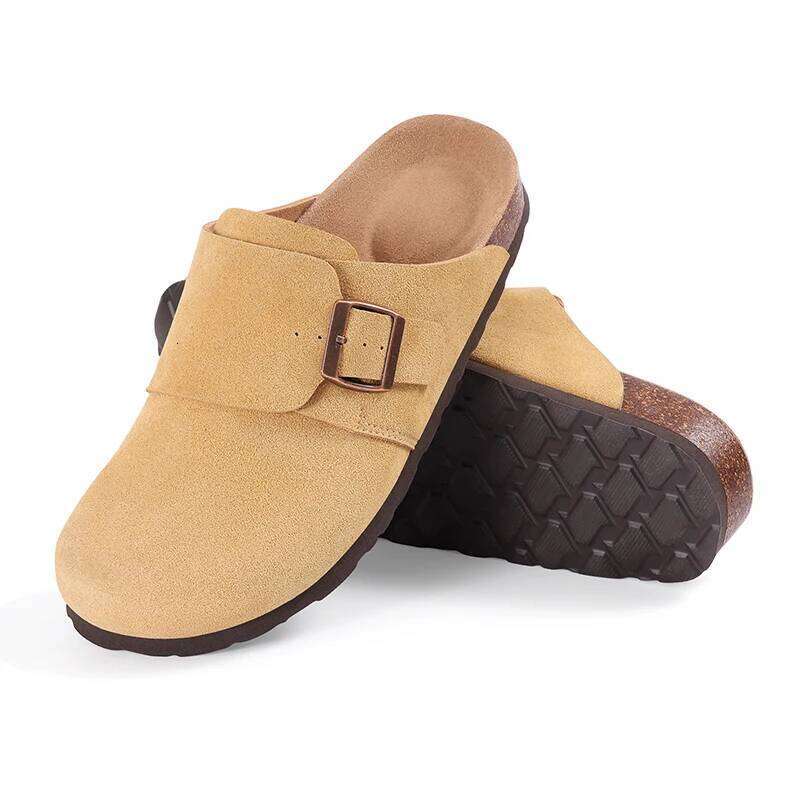Kidmi 2025 New Home Sandals Women Suede Clogs Soft Leather Mules Cork Antislip Beach Slippers