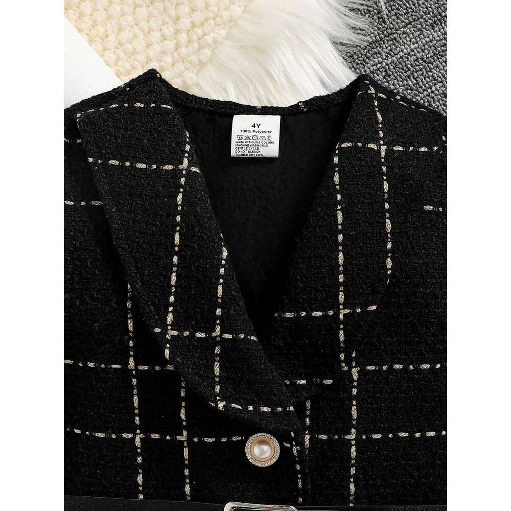 Spring and autumn Fashion Kids 2-piece ceremonial dress for cute girls Solid color crew neck shirt + plaid lapel skirt suit Z260304