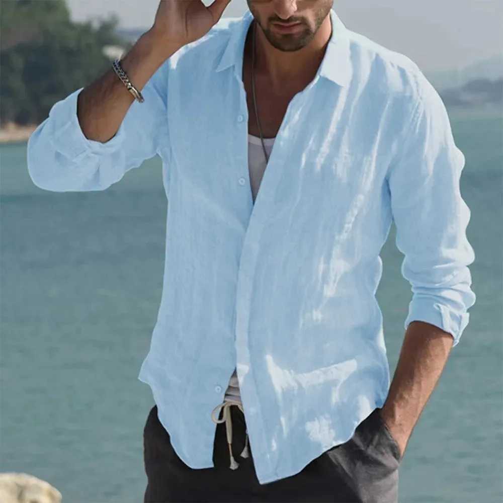 Summer Mens Solid Fashion Versatile Shirt Beach Cotton Linen Shirts Men Long Sleeved Cardigan Tops Turn Down Collar Slim Fit M260305