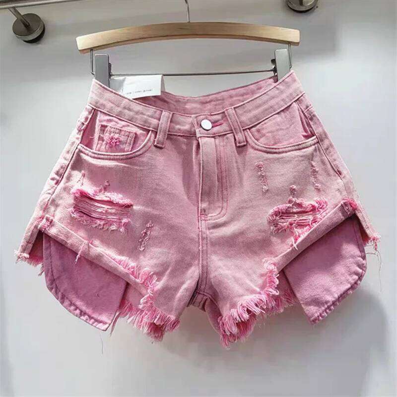 2026 Summer New Light Color Perforated Design Denim Shorts Women's Wide Legs Slim Fashion Ragged Edge A-line Ropa Mujer XJ260305