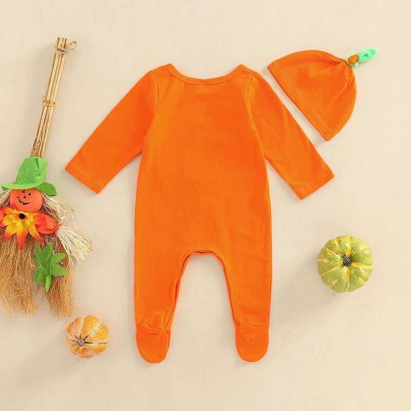 Babys Sleeve Footed Jumpsuit Halloween Pumpkin Letter Round Neck Long Romper with Hat Z260304