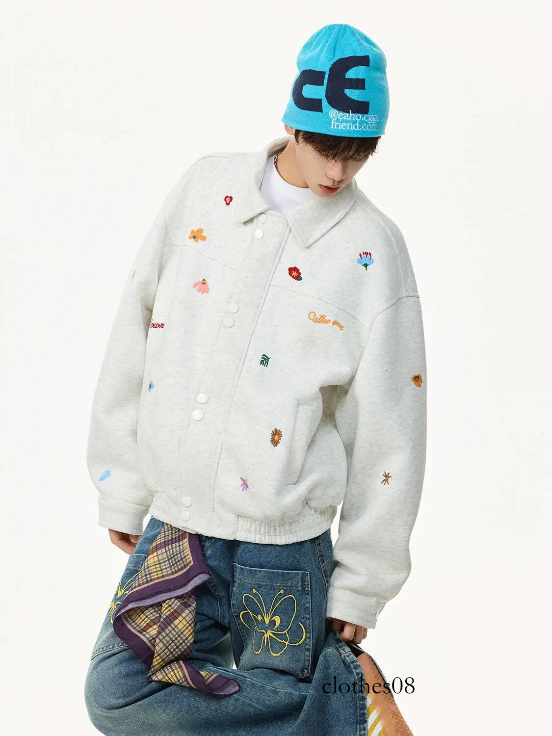 Floral Embroidered Fleece Lined Casual Collar Jacket Men's Spring New Style Comfortable Wearing Leisure Workwear Coat