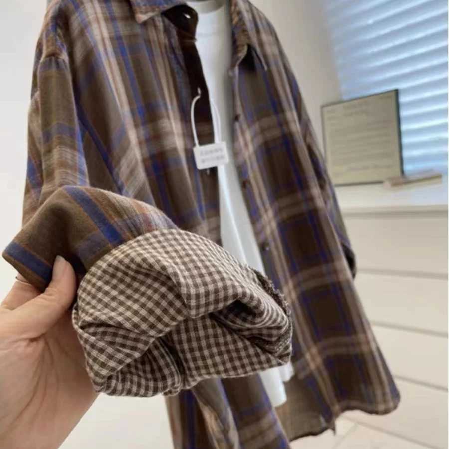 Casual Retro Plaid Long Sleeved Shirt French Lazy Style Autumn Loose Versatile Cardigan Fashionable Lapel Single Breasted Blouse M260305