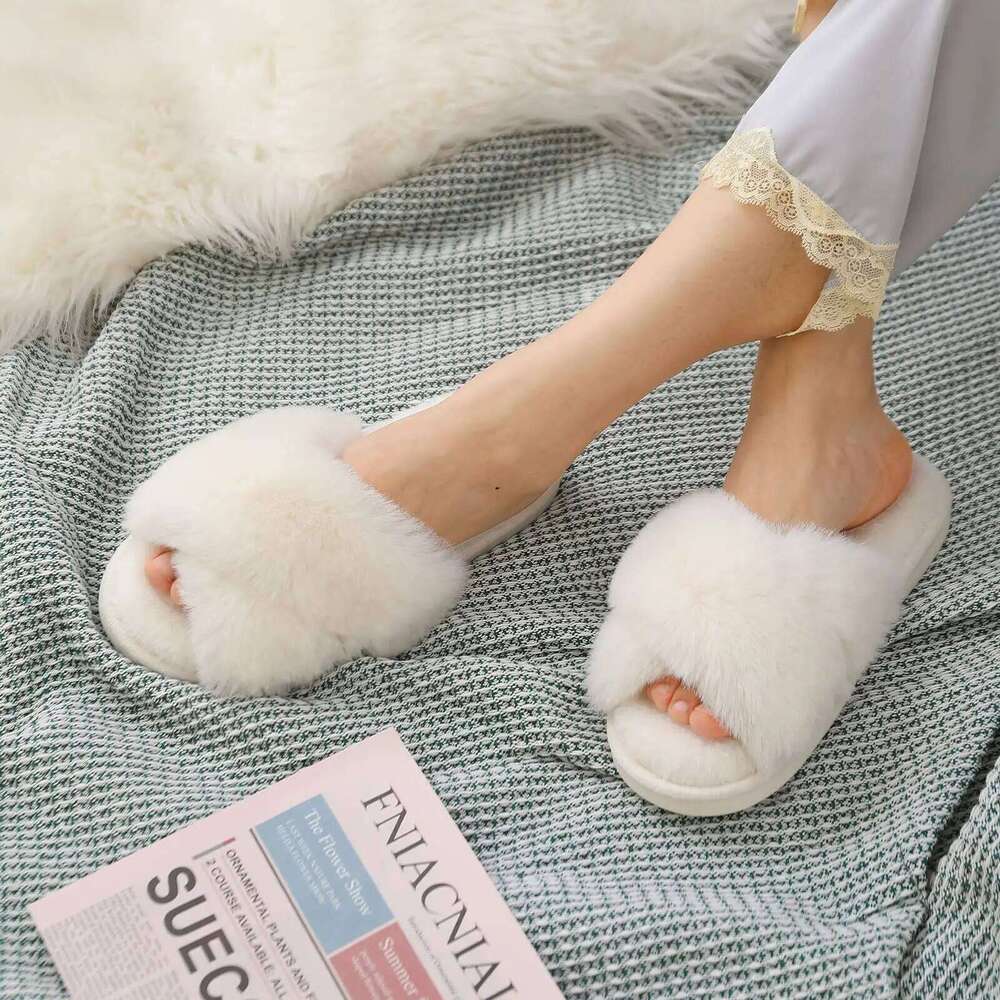 Kidmi Women's Fuzzy Cross Band Memory Foam House Open Toe Flat Casual Indoor Soft Slippers Female