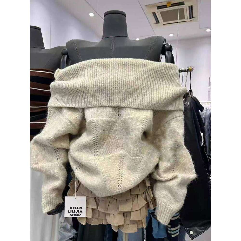 Fashion Slash Neck Knit Sweater Korean Loose Lazy Style Off Shoulder Knitwear Y2K Solid All Match Long Sleeve Female Jumpers XJ260305