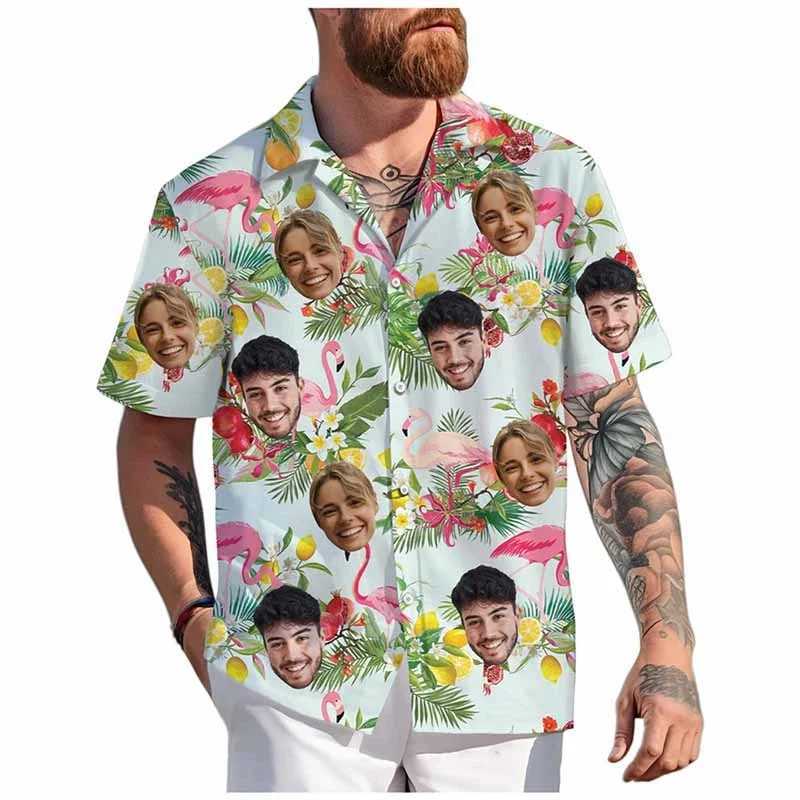 Custom Face Hawaiian Shirt Unisex Funny Personalized 3D Printed Button Shirts 2025 Beach Short Sleeves Lapel Shirts DIY Blouses M260305
